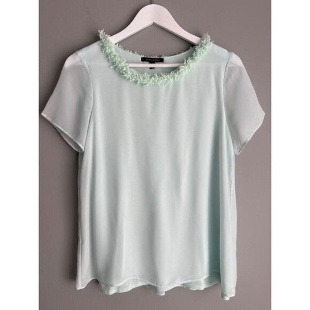 Banana Republic Mint Chiffon Blouse Size S Floral Trim Neck Modal Romantic